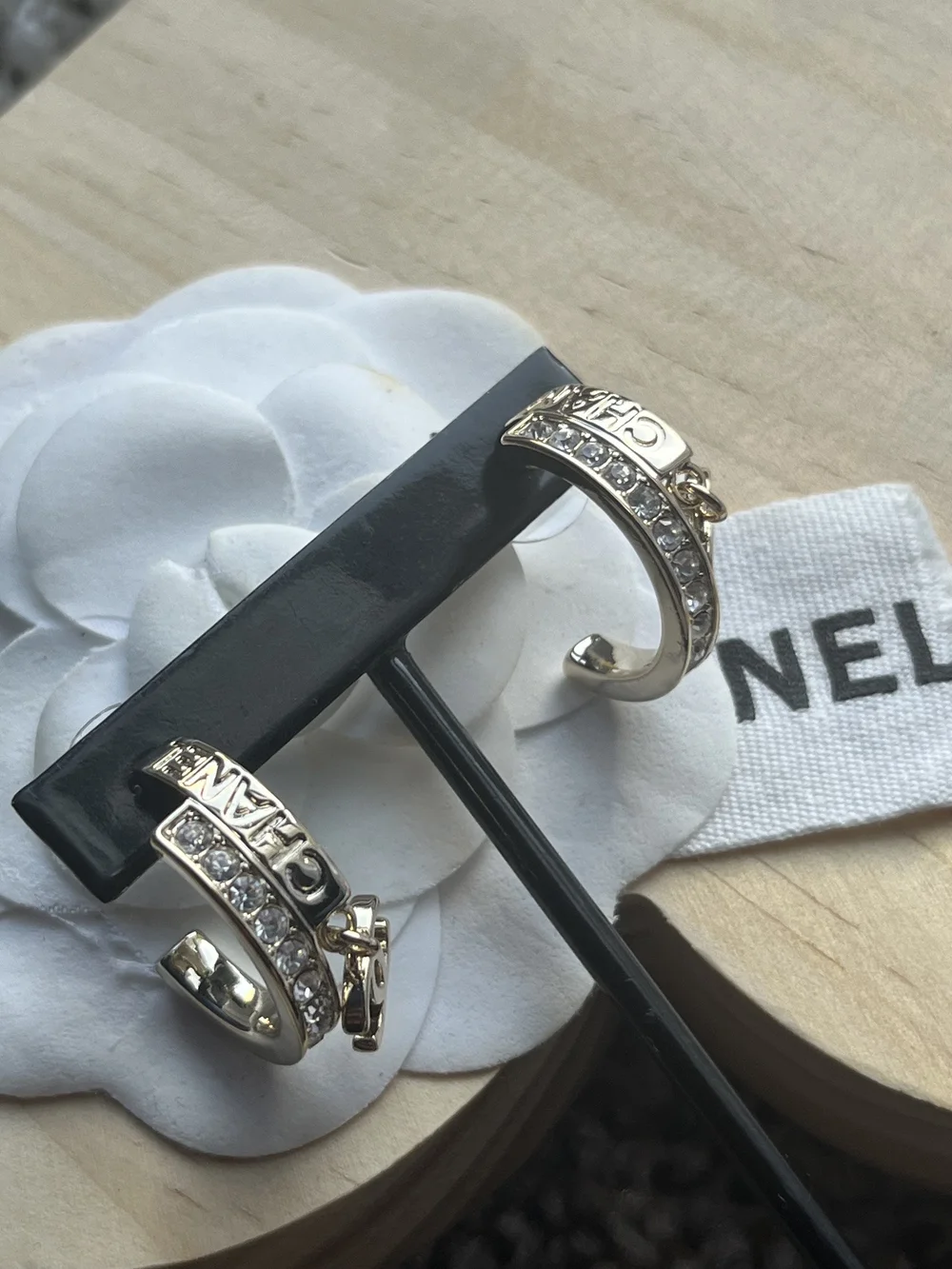 Authentic CHANEL Gold-Tone Crystal Small Hoop Earrings